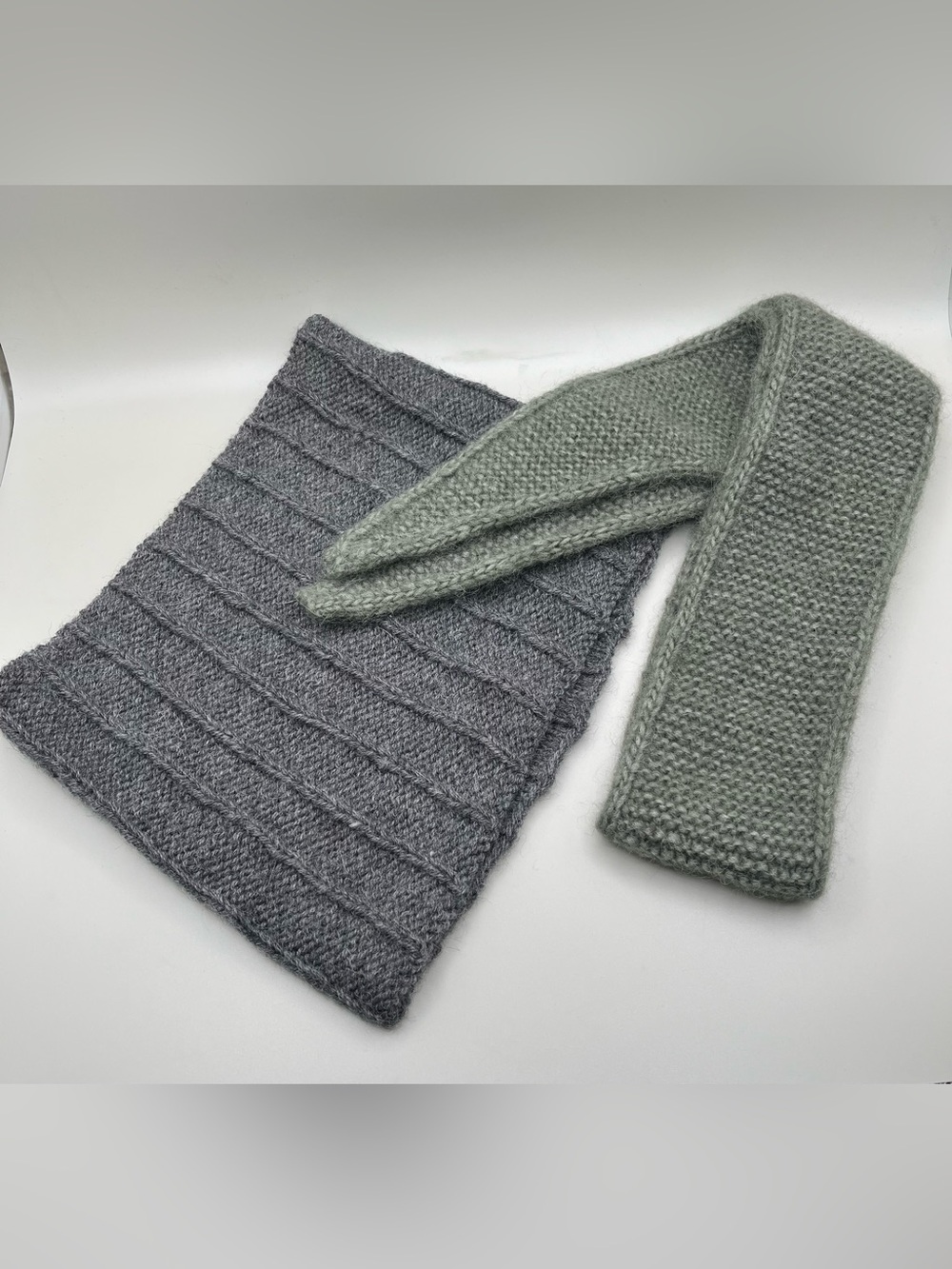Handmade Merino Wool Scarf & Neck Gaiter Set Gray Sage Green Knit Preppy Winter